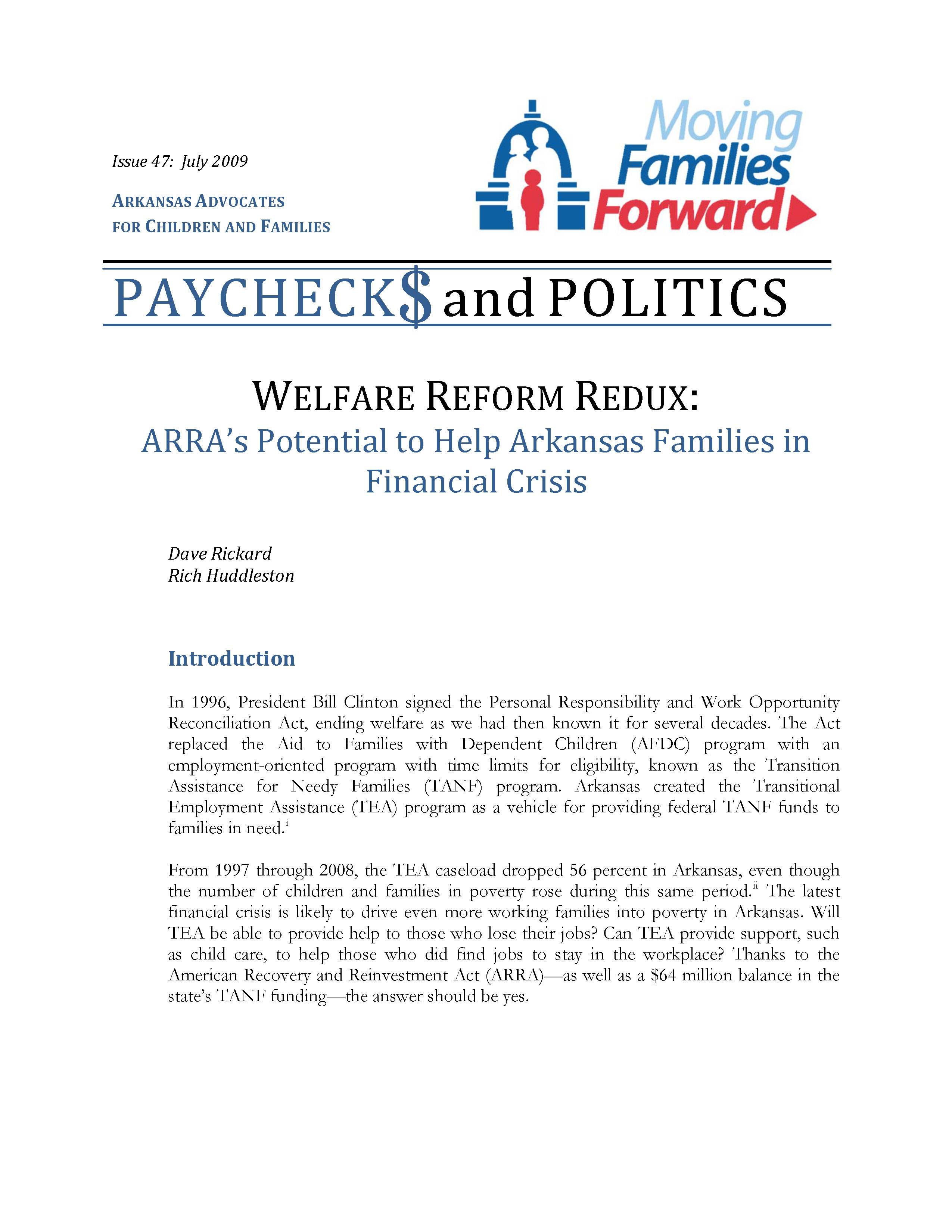 Welfare Reform Redux ARRA’s Potential to Help Arkansas Families in