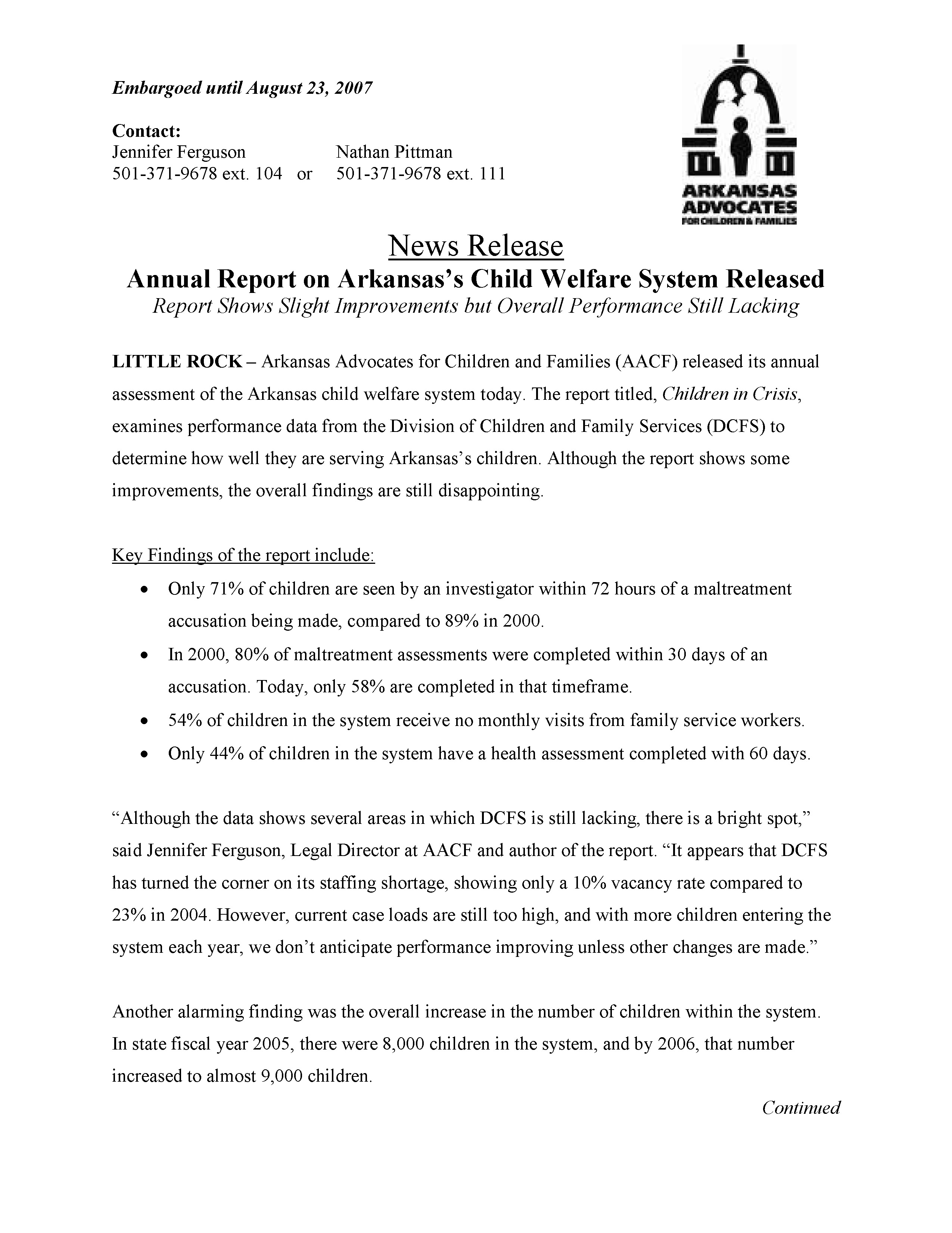 Press Release Annual Report on Arkansas’s Child Welfare System
