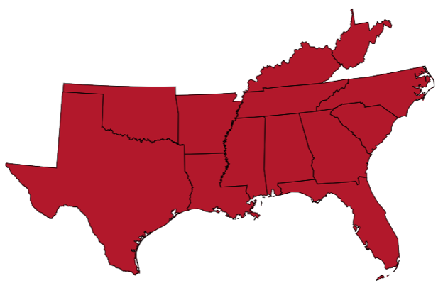 Southern States with lower child-wellbeing and lower state-local revenue per-capita.